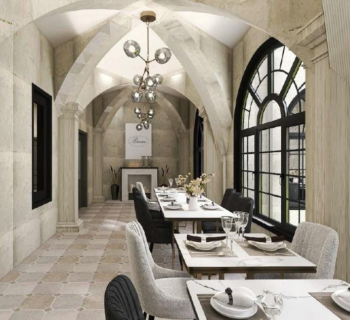 Salle de restaurant sous voûtes de pierre